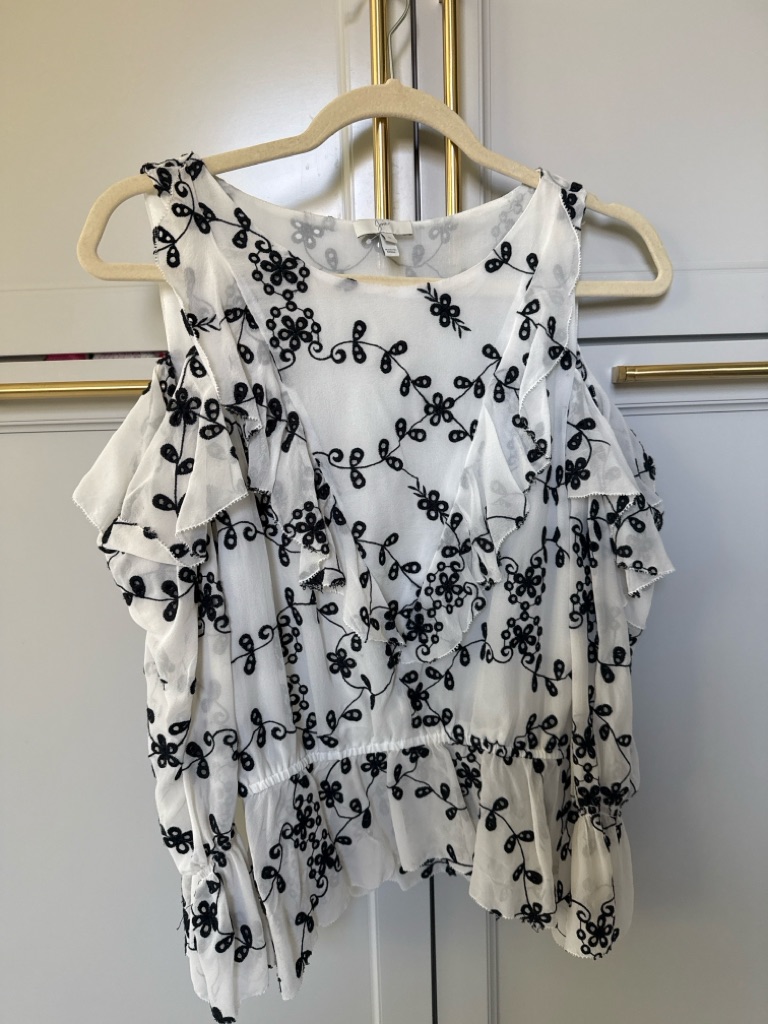 Joie 100% Silk Embroidered Ruffle Blouse Cold Shoulder Black & White Size S